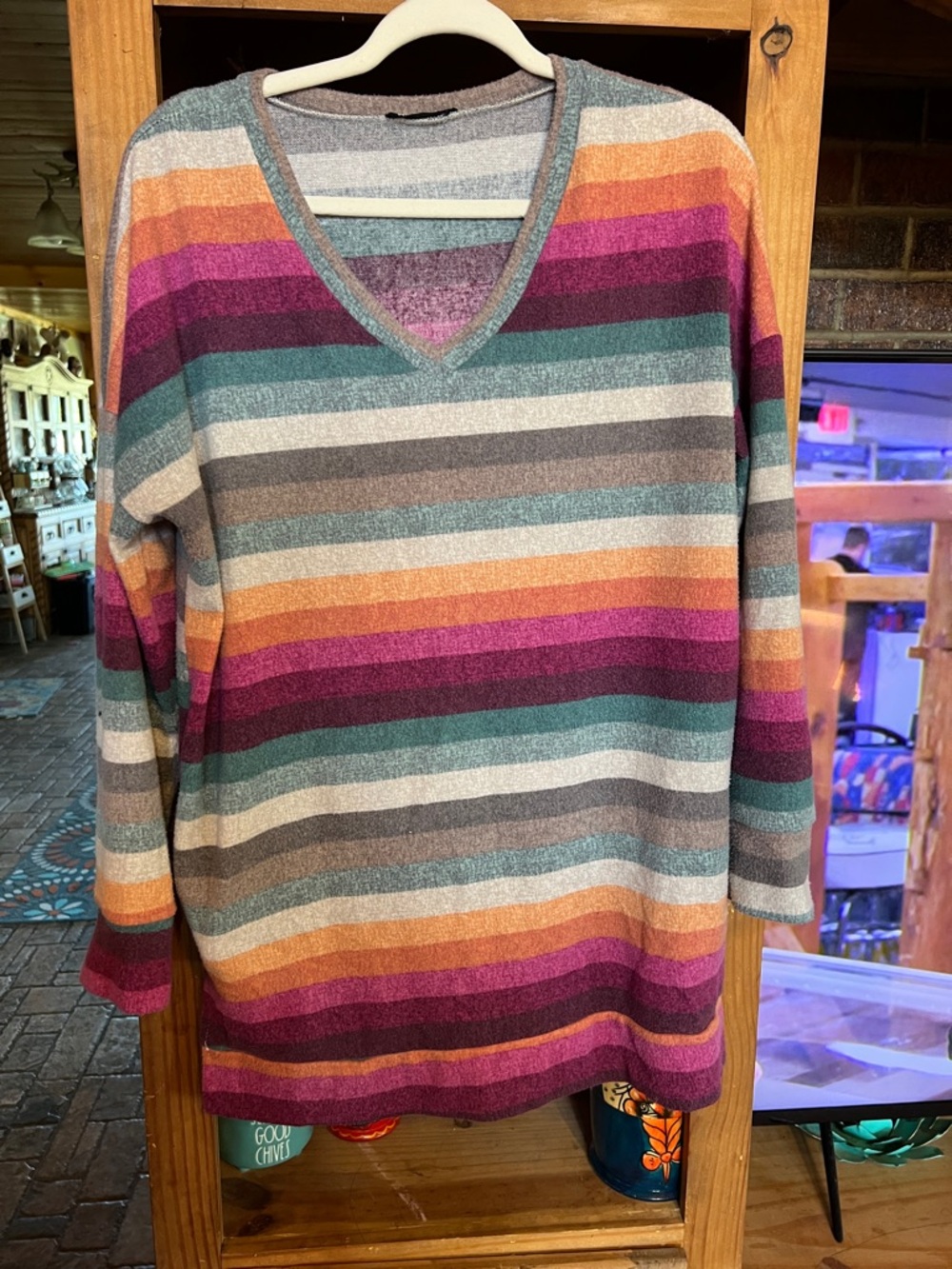 HEIMISH USA Multicolor Striped V-Neck Sweater in Teal, Pink, Orange & Gray